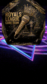 a sign that says royals league core team with a microphone in the center