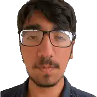 a man wearing glasses and a blue shirt has a beard