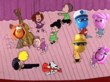 a group of cartoon characters are dancing on a stage and one of them is wearing a hat that says groove