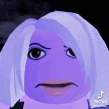 a woman with a purple face and white hair is making a funny face .