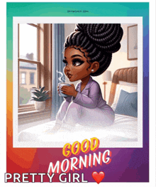 a cartoon of a girl sitting on a bed holding a cup of coffee with the caption good morning pretty girl