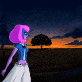 a cartoon of a woman with pink hair standing in a field with a tree in the background