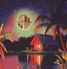 a painting of a house and palm trees with a full moon in the middle