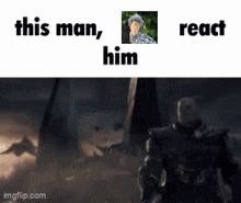 a picture of a man standing next to a picture of a bird that says " this man react him "