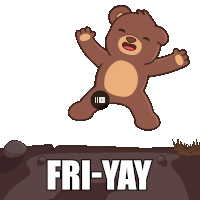 a cartoon of a teddy bear jumping in the air with the words fri- yay below it
