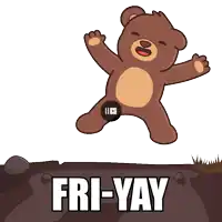 a cartoon of a teddy bear jumping in the air with the words fri- yay below it