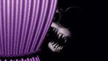 a cartoon character is peeking out of a purple curtain in a dark room .