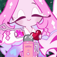 a cartoon drawing of a girl with pink hair and a pink box that says cookierun kingdom