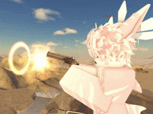 a girl in a pink and white outfit is holding a gun