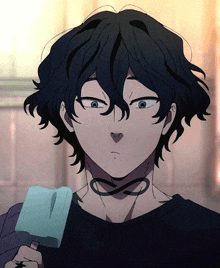 a person with a choker around their neck holding a popsicle