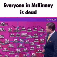 a man stands in front of a map that says " everyone in mckinney is dead "