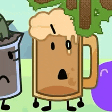 a cartoon of a beer mug with foam coming out of it 's face .