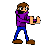 a cartoon of a man in a purple sweater and blue jeans is holding a sword .