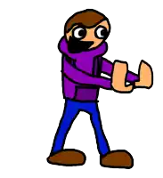 a cartoon of a man in a purple sweater and blue jeans is holding a sword .