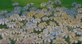 a painting of a field of daisies with blue white and yellow flowers