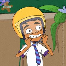 a cartoon of a boy wearing a helmet with the nick logo in the corner