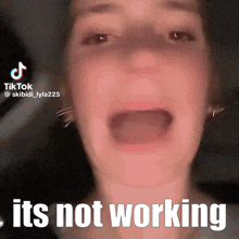 a close up of a woman 's face with the words " it 's not working " written below her