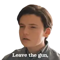 a young boy says " leave the gun " in front of his face