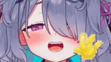 a close up of a pixel art of a girl with purple eyes and a yellow flower in her hand .