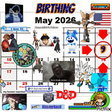 a calendar shows the birthing of a baby in may 2026