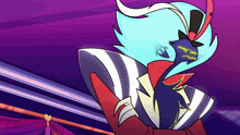 a cartoon character with blue hair and a top hat has the letter m on his hat