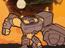 a cartoon drawing of a robot with a giant fist standing on a rock .