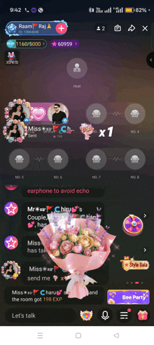 a screenshot of a video chat app with a bouquet of pink flowers