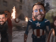 a man in a captain america costume with a star on his chest is smiling