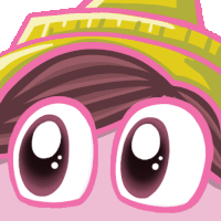 a close up of a cartoon character 's eyes with a yellow hat in the background