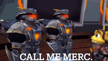 two robotic soldiers are standing next to each other in a video game and they are talking to each other .