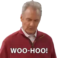 a man in a red sweater has the words woo-hoo on his chest
