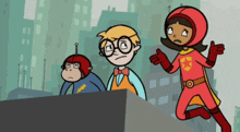 a girl in a red superhero costume stands next to a boy and monkey