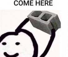 a stick figure is holding a concrete block on top of its head .