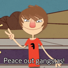 a cartoon character giving a peace sign with the words peace out gangsta written below him