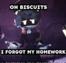 a cartoon character with a mask on says `` oh biscuits , i forgot my homework '' .