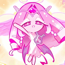 a cartoon drawing of a girl with a harp and wings