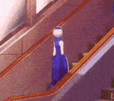 a person in a blue dress is walking down a set of stairs