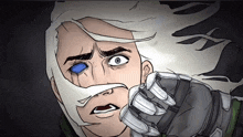 a cartoon drawing of a man with white hair and a blue eye