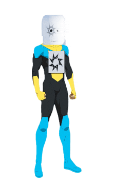 a cartoon character in a blue and yellow costume