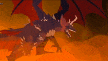 a purple dragon with horns is surrounded by flames in a video game