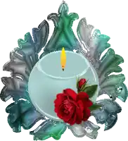 a blue candle with a yellow flame and a red rose on top