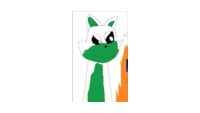 a pixel art drawing of a white cat with a green mask on its face and a red tail .