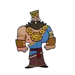 a cartoon of a man with a beard wearing a blue shirt and a gold necklace .