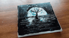 a painting of a tree in the water with a full moon behind it