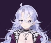 a girl with long white hair is wearing a cow print jacket and necklaces