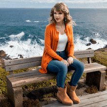 a woman sits on a wooden bench overlooking the ocean