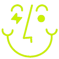a green smiley face with a lightning bolt in the eye