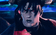 a video game character with red eyes and horns says " hear my wrath "