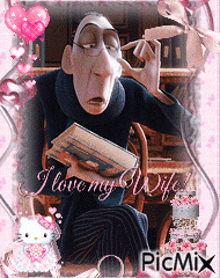 a picture of a man holding a book with the words " i love my wife " on it