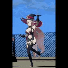 a pixel art of a girl in a witch costume dancing in front of a fence .
